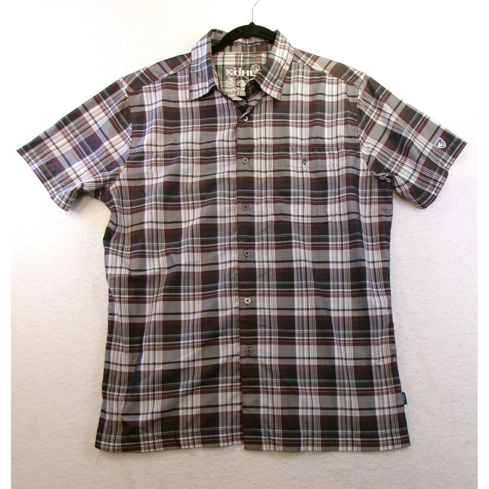 Kuhl Mens Plaid Short Sleeve Button Down Shirt Brown White IONIK Medium